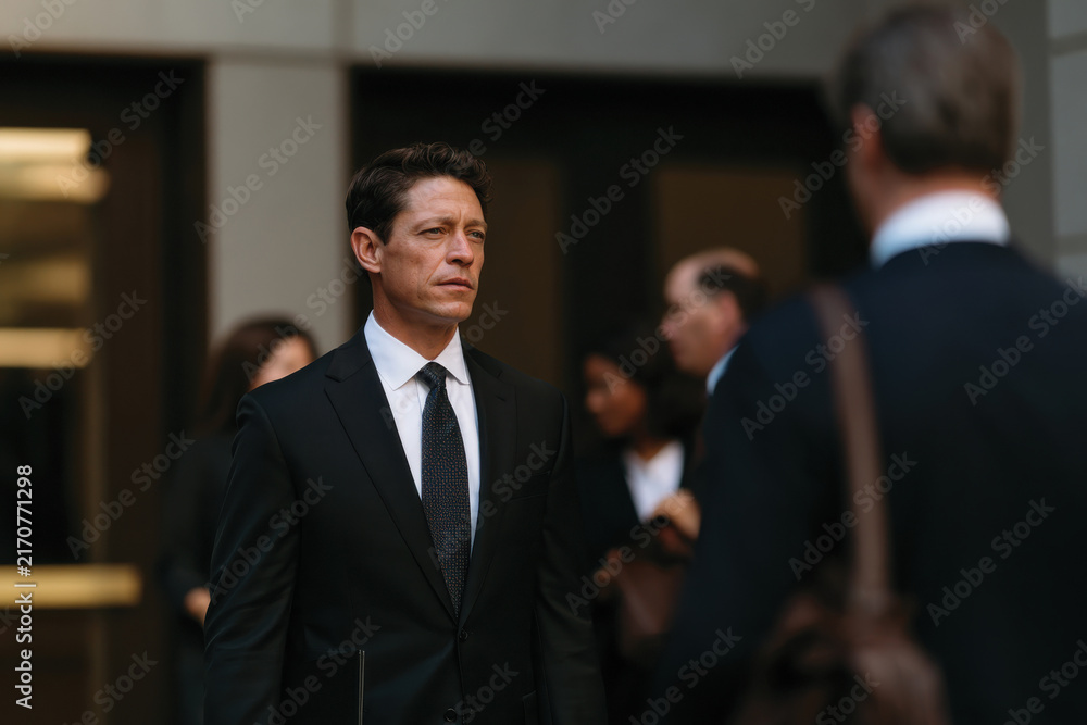 Fototapeta premium A serious man is seen leaving a courthouse, reflecting the weight of legal proceedings and the significance of law in a professional atmosphere.