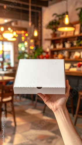 Hand holding a blank white pizza box in a cozy rustic restaurant, food delivery packaging, takeout meal service