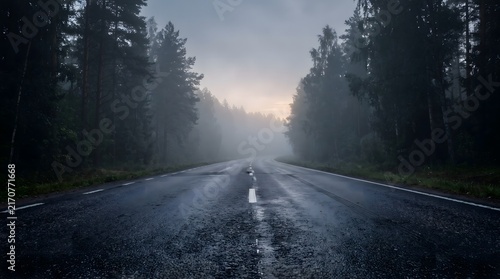 Empty wet road disappearing into morning fog, framed by dark trees and cinematic light, creating a dramatic sense of depth and mystery.
