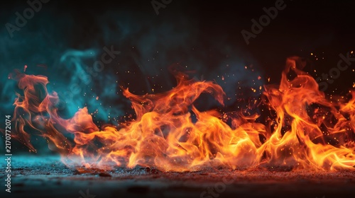 burning blue and orange fire flames on dark background