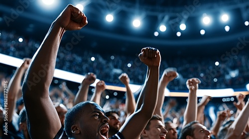 Energetic crowd of diverse sports fans celebrating success and unity, raising fists in the air and shouting with excitement during a thrilling event in a brightly lit arena