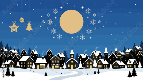 Winter village scene under full moon with snowflakes with starry night sky