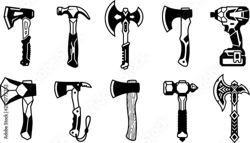 Industrial tool icons set, black and white hardware equipment vector eps, 10 construction and carpentry tool silhouettes for logo design