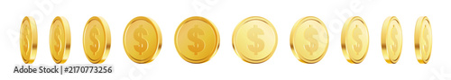 Set of rotating gold coins with dollar symbol isolated on transparent background. Ideal for casino, jackpot, game currency, rewards, bonuses, gambling and UI vector assets.