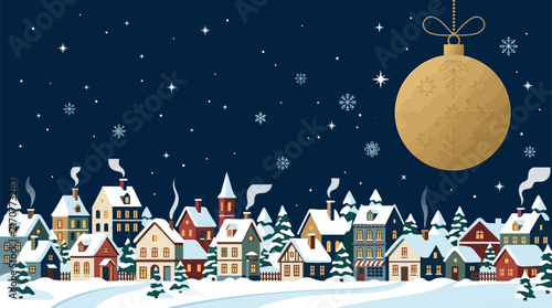Snowy village scene with large hanging ornament under starry night sky