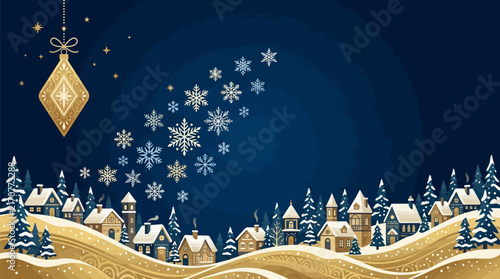 Snowy village scene with falling snowflakes with trees decorative ornament