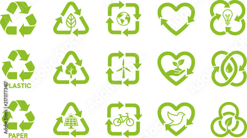 Green recycling icons set, 15 eco-friendly symbols for sustainability. Environmental conservation signs, plastic and paper waste management EPS.