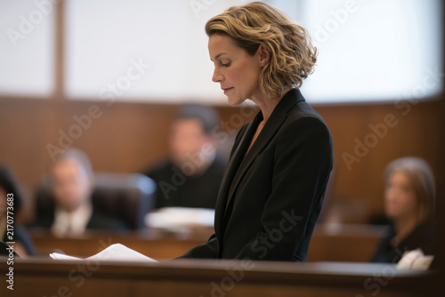 A female lawyer confidently stands in a courtroom, reviewing her documents as important proceedings unfold around her, demonstrating professionalism and dedication to justice.