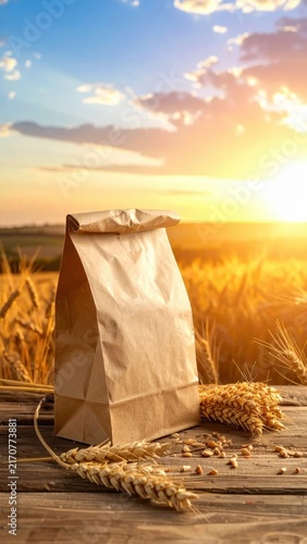 brown paper bag for groceries standing on rustic wooden table in golden wheat field, organic farming, food packaging sustainability, harvest