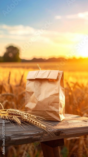 brown paper bag with wheat ears on rustic wooden table, golden wheat field at sunset, harvest season, sustainable packaging
