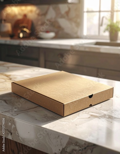 Empty cardboard pizza box sitting on a marble kitchen countertop, food delivery packaging, mockup
