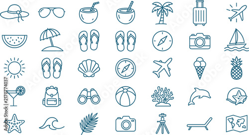Tropical Summer Beach and Cruise Travel Outline Icon Set Featuring Coconut Drink Palm Tree Luggage Airplane Camera Sunglasses and Island Holiday Elements