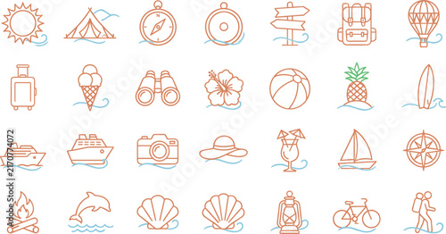 Summer Vacation and Tropical Travel Line Icon Set Featuring Beach Camping Adventure Cruise Ship Surfboard and Outdoor Recreation Symbols for Websites and Apps