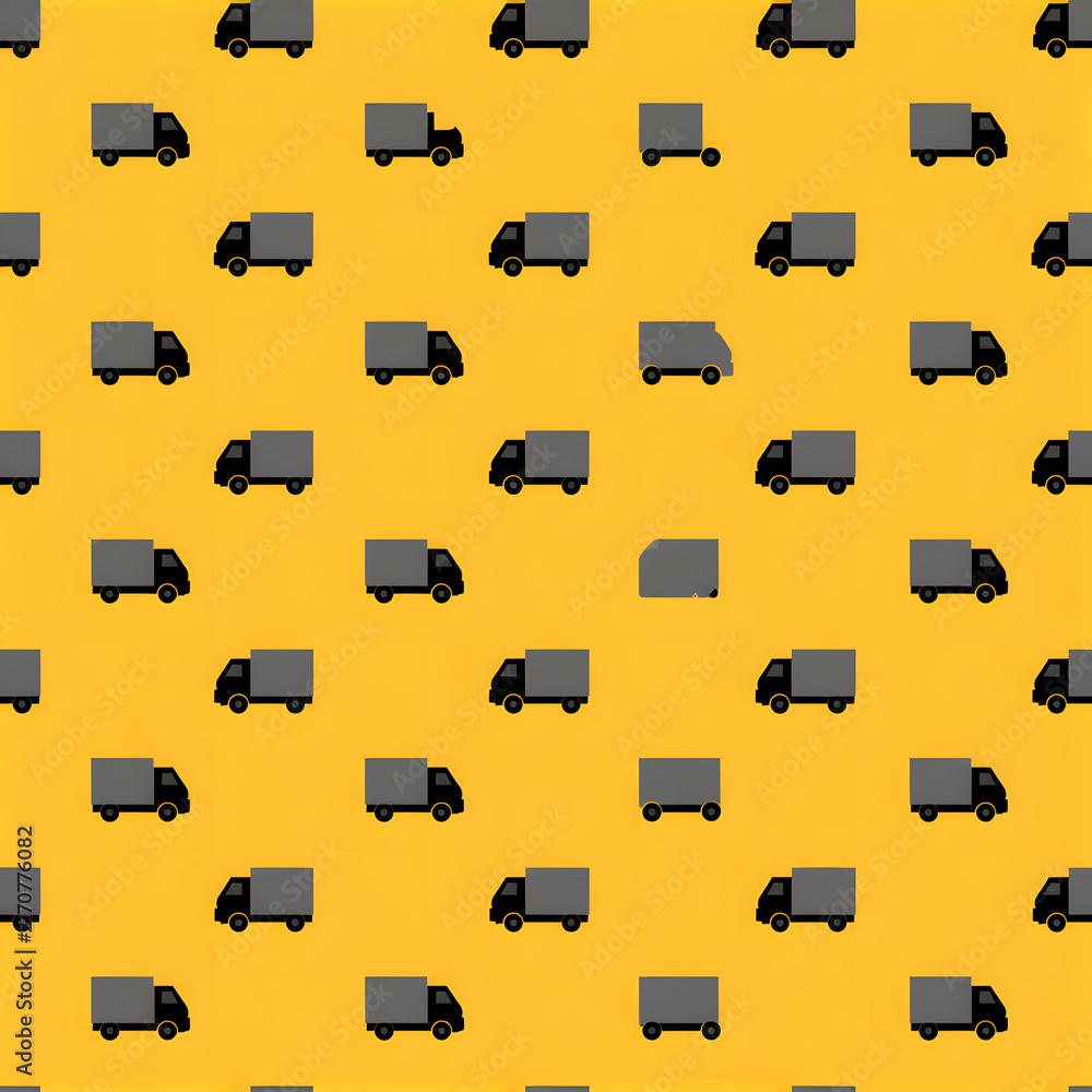 Three small black and gray trucks, isolated against a backdrop of yellow and brown, form a seamless pattern. The illustration features a simple, flat graphic with texture.