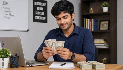 Young man counting dollar bills at a desk in an office setting