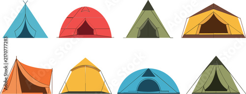 Camping Tent Collection, Outdoor Adventure Shelter Vector Illustration Set with Colorful Portable Hiking and Travel Equipment Designs