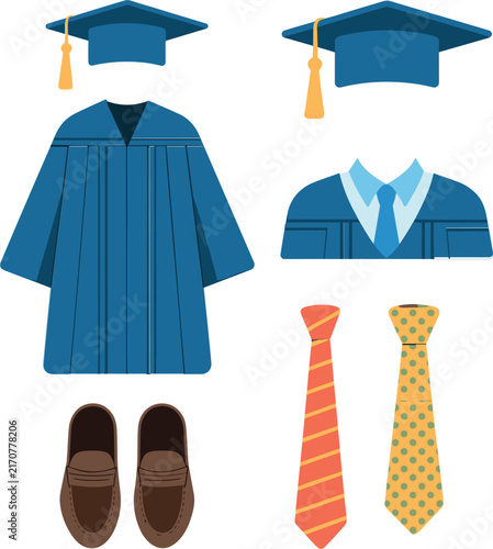 Graduation Academic Outfit Collection, Cap Gown Tie Shoes and Formal Clothing Vector Illustration Set for Education
