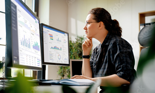 Focused Data Analyst Working with Analytics Dashboard on Dual Monitors