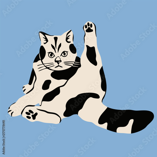 Funny cat sitting and looking with legs spread. Cute character. Hand drawn trendy Vector illustration. Pet care, animal graphic clipart, feline concept. Sticker, logo, print template. Isolated element