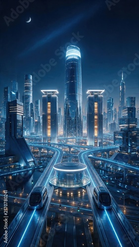 Blue Light Trails in Futuristic City