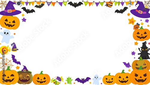 ハロウィンの賑やかなキャラクターとガーランドが彩るポップなフレーム素材
