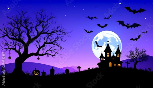 大きな満月とジャックオーランタンが夜空に映えるにぎやかなハロウィンの背景イラスト