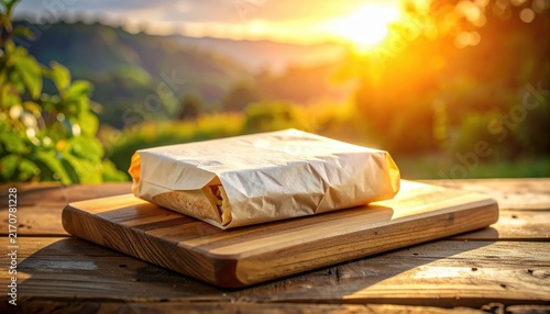 wrapped sandwich in rustic paper on wooden board at sunset, picnic lunch, outdoor travel food, warm golden hour atmosphere
