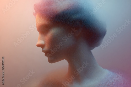 Soft mesh gradient portrait bust with fine noise grain in pastel tones for artistic background and wallpaper design