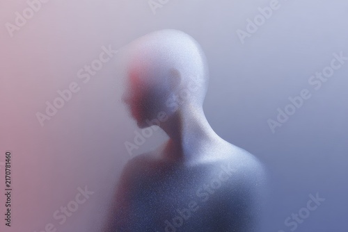 Grainy gradient abstract bust silhouette with soft blue and pink tones for minimalist background and portrait concept design