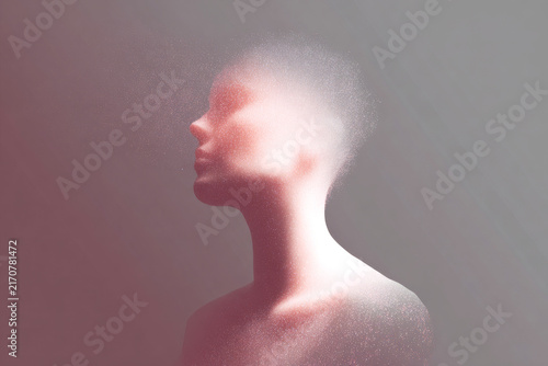Soft grainy gradient bust portrait silhouette with particle noise and pastel glow for minimal avatar background and conceptual design