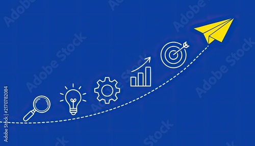 Yellow paper airplane flying on a blue background with icons representing growth, ideas, and achieving goals.