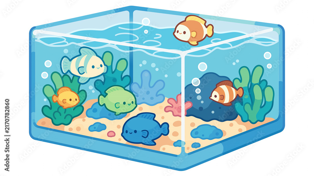 Naklejka premium 水草の間をゆったり泳ぐ魚たちのアクアリウムイラスト