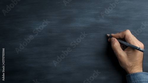 A hand holding a pencil starts to write on a dark gray textured surface