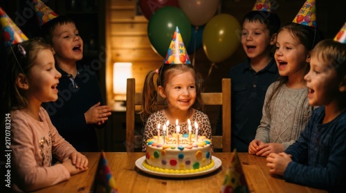 Group of happy children celebrating a birthday party with cake and candles