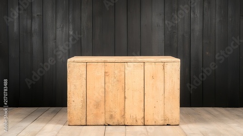 A light-colored wooden crate sits on a dark wooden floor against a black wood-paneled wall