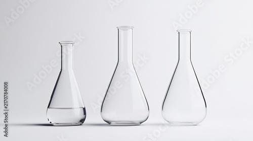 Three empty and one partially filled glass Erlenmeyer flasks stand in a row on a white background