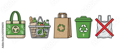 Eco-friendly shopping icons: reusable bag, basket, paper bag, bin, no plastic