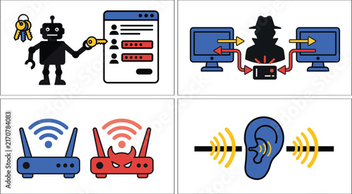 Картината върху платно Cybersecurity threat vector icon set, colorful illustrations of password theft r