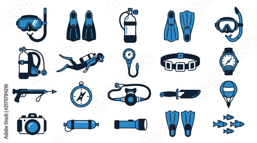 Scuba Diving Equipment Icons Set Isolated Transparent Background