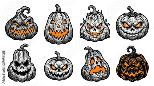 Set of Spooky Halloween Pumpkin Faces Isolated
