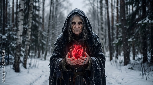 A mysterious hooded figure holding a glowing magical red heart in a dark and snowy winter forest