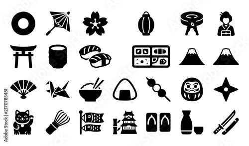 Set of black silhouette icons representing japanese culture and traditional symbols isolated on transparent background