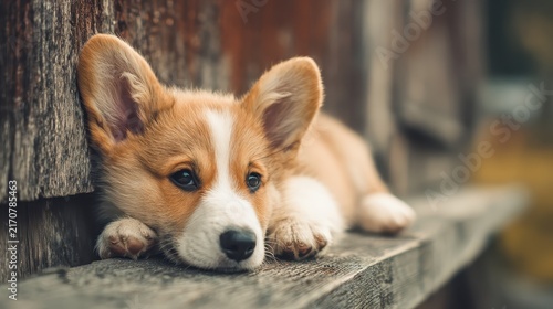 This adorable corgi puppy, with its endearing eyes and soft fur, rests its head in a moment of serene relaxation, epitomizing puppyhood cuteness