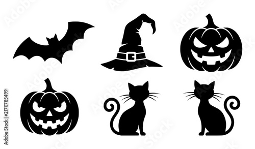 Set of black halloween silhouettes featuring pumpkins bats a witch hat and cats isolated on transparent background