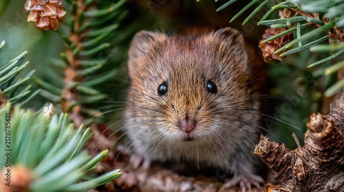 A cute vole with whiskers peeks from evergreen branches. Captivating gaze, natural habitat, a wonderful wildlife study