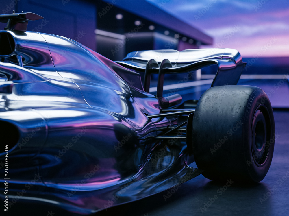 Fototapeta premium a chrome reflective race car concept close view showcasing metallic shiny bodywork and wide rear wheel under dramatic blue and pink neon twilight lighting near garage track and building