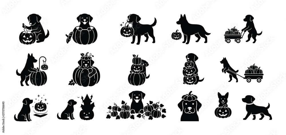 Obraz premium Set of black silhouettes featuring cute dogs and pumpkins for halloween themed designs and holiday seasonal decorations