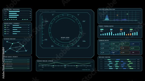 HUD Dashboard 9 finance user interface with analytics panels, gauges, charts, indicators, sensors, controls and futuristic fintech technology motion graphics
