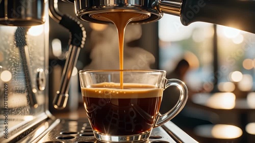 Food and Drink - Fresh espresso coffee pouring from portafilter machine into clear glass cup in cafe close up