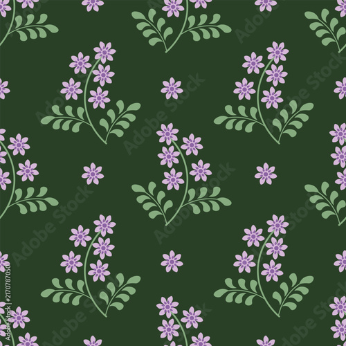 Seamless patten with purple flowers on a green background